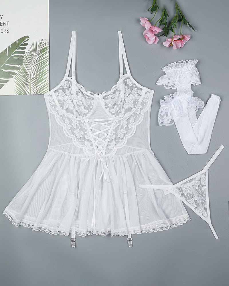 Floral Lace Mesh Babydoll Slip Dress + Stockings