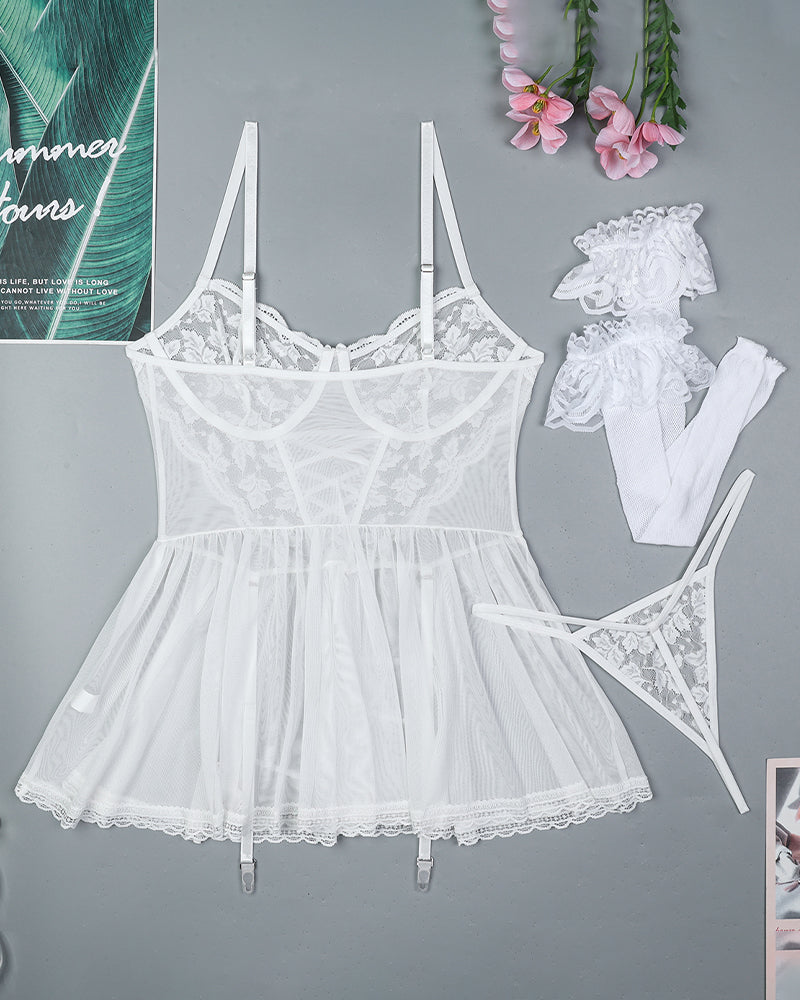 Floral Lace Mesh Babydoll Slip Dress + Stockings