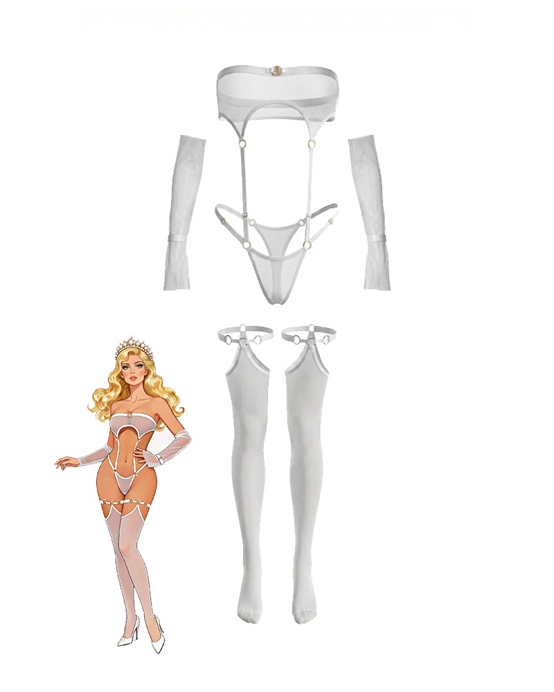 Sheer Mesh Bandeau Bodysuit with Garter Stockings and Long Gloves