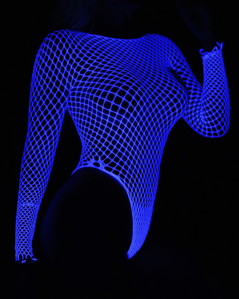 Luminous Blue Long Sleeve Fishnet Bodysuits