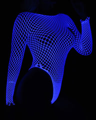 Luminous Blue Long Sleeve Fishnet Bodysuits