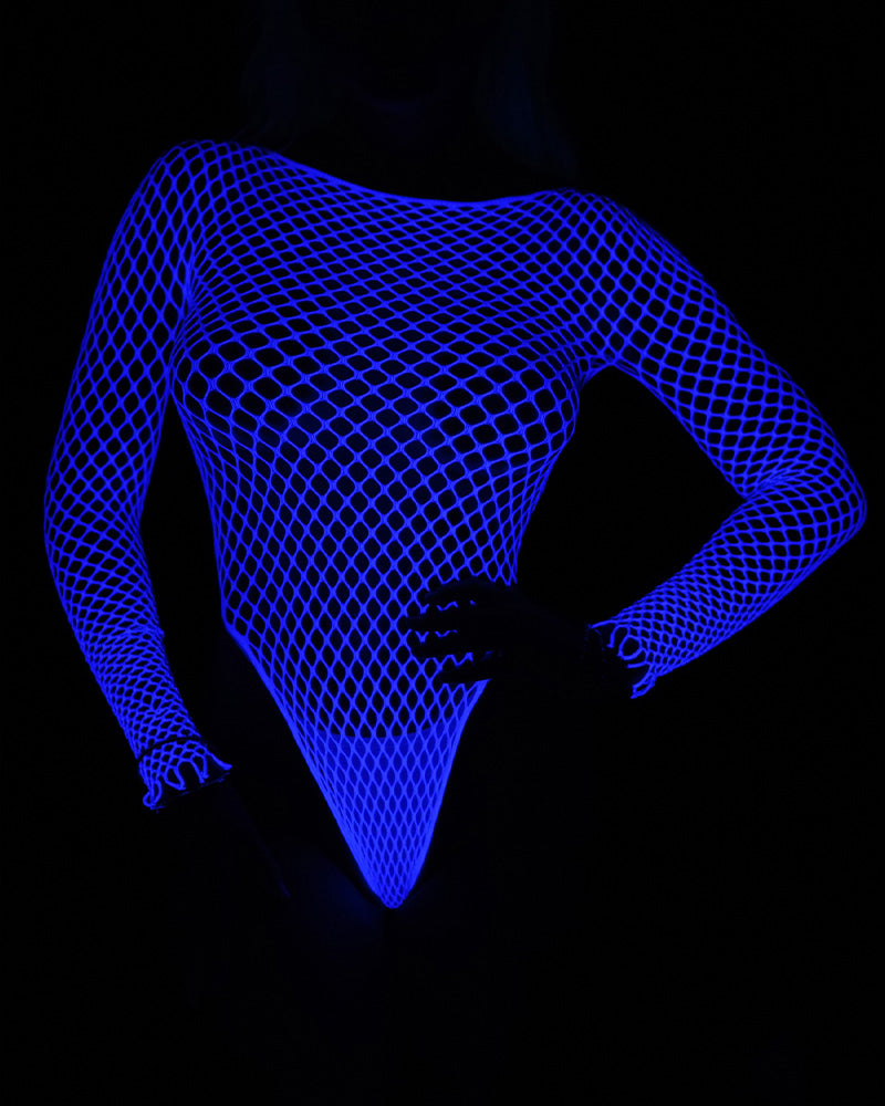 Luminous Blue Long Sleeve Fishnet Bodysuits