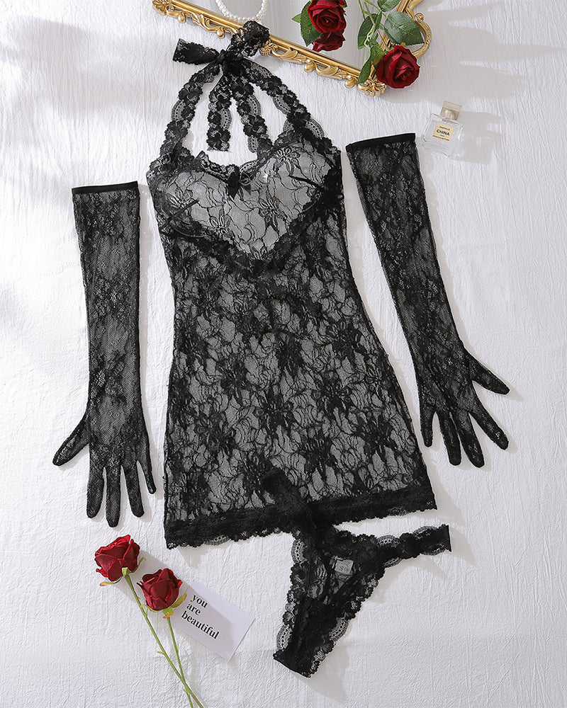 Sheer Lace Slip Dress with Gloves