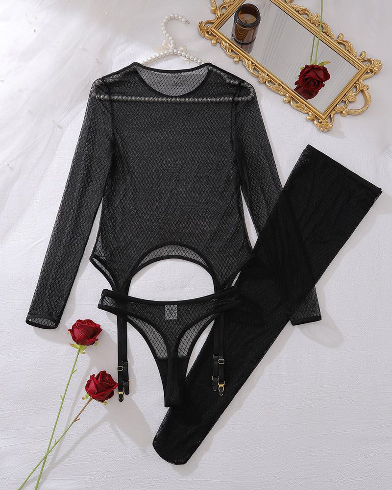 Long Sleeve Sheer Top Panty Set+Stockings