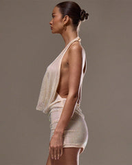 Halter Neck Draped Mesh Diamonte Mini Dress