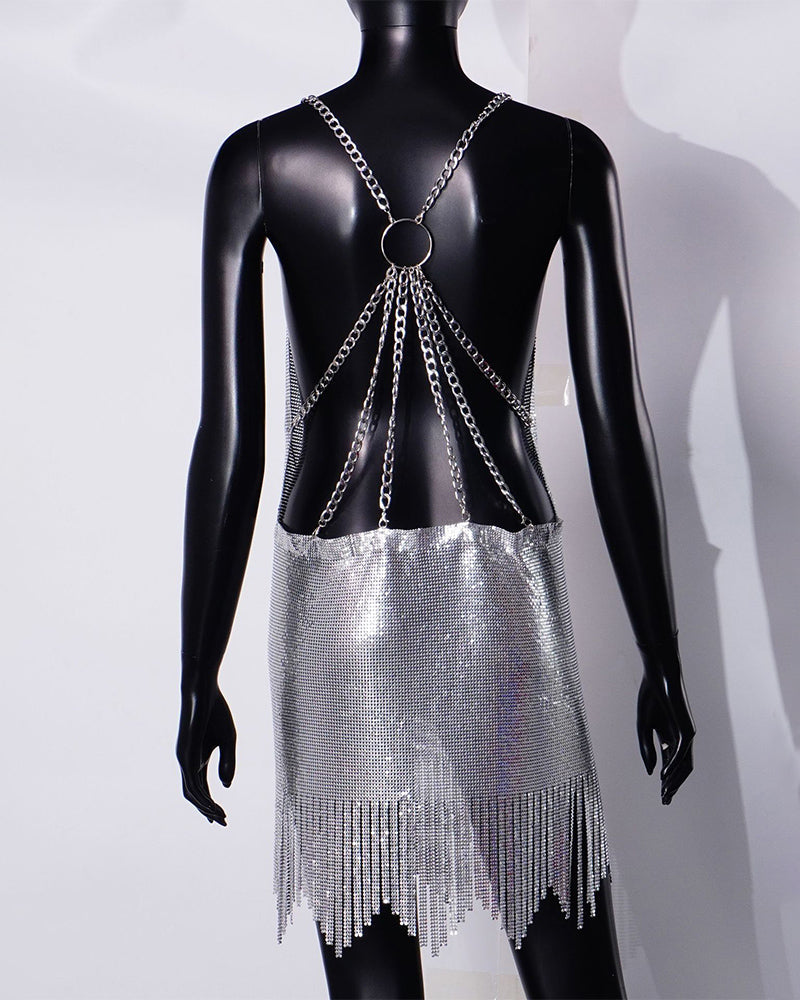 Metallic Patchwork Backless Dress