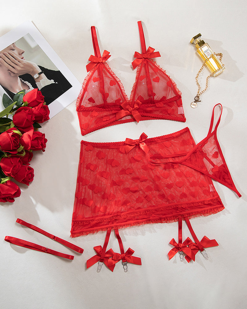Red Heart Mesh Skirt Set