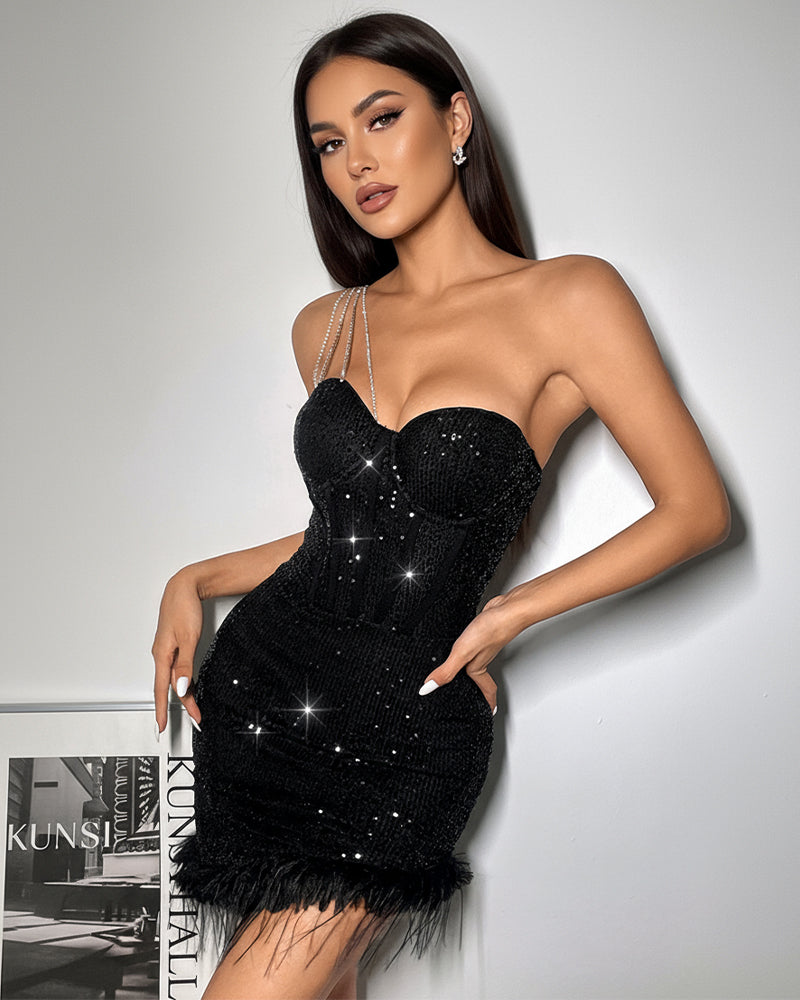 Off-shoulder Diamond Chain Hip Dress