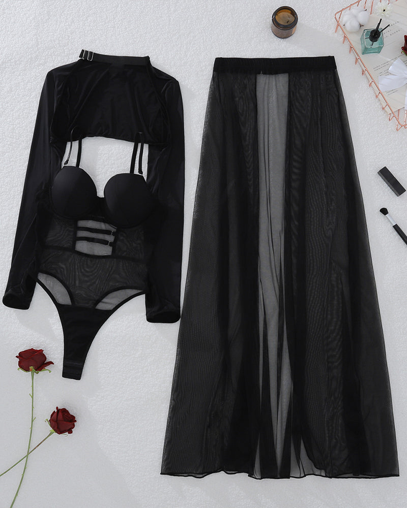 Mesh Underwire Bodysuit Skirt 3 Pieces Sets