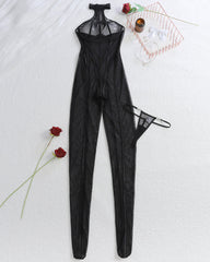 Vertical Striped Sheer Halter Bodysuit