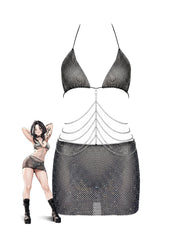 Rhinestone Halter Bra Chains Mini Skirt Set