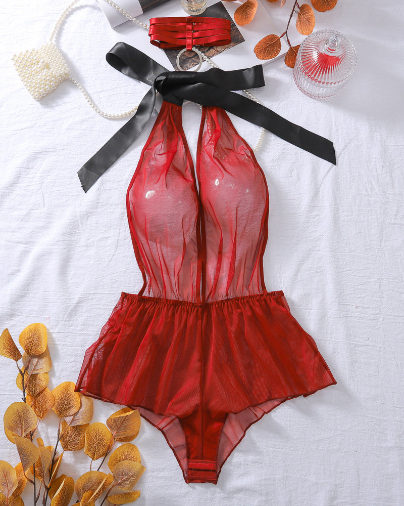 Mesh Halter Neck Strap Bodysuit