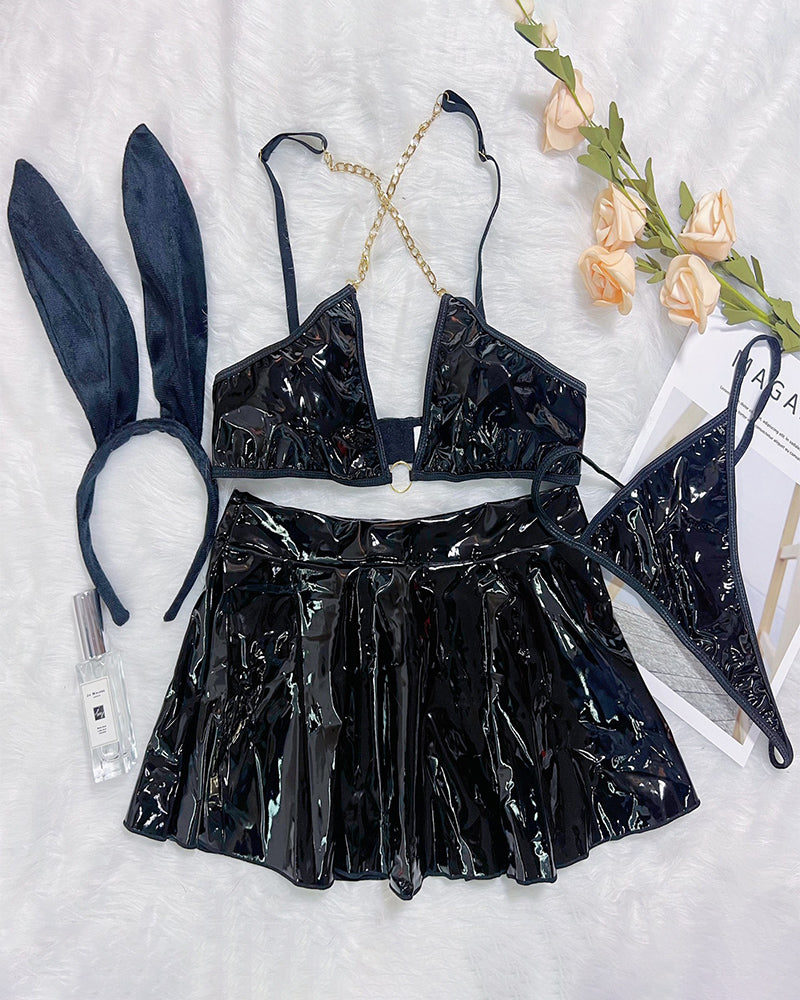 ⚡Flash Sale-PU Leather Chain Bra Skirt Set+Headband