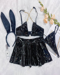 ⚡Flash Sale-PU Leather Chain Bra Skirt Set+Headband