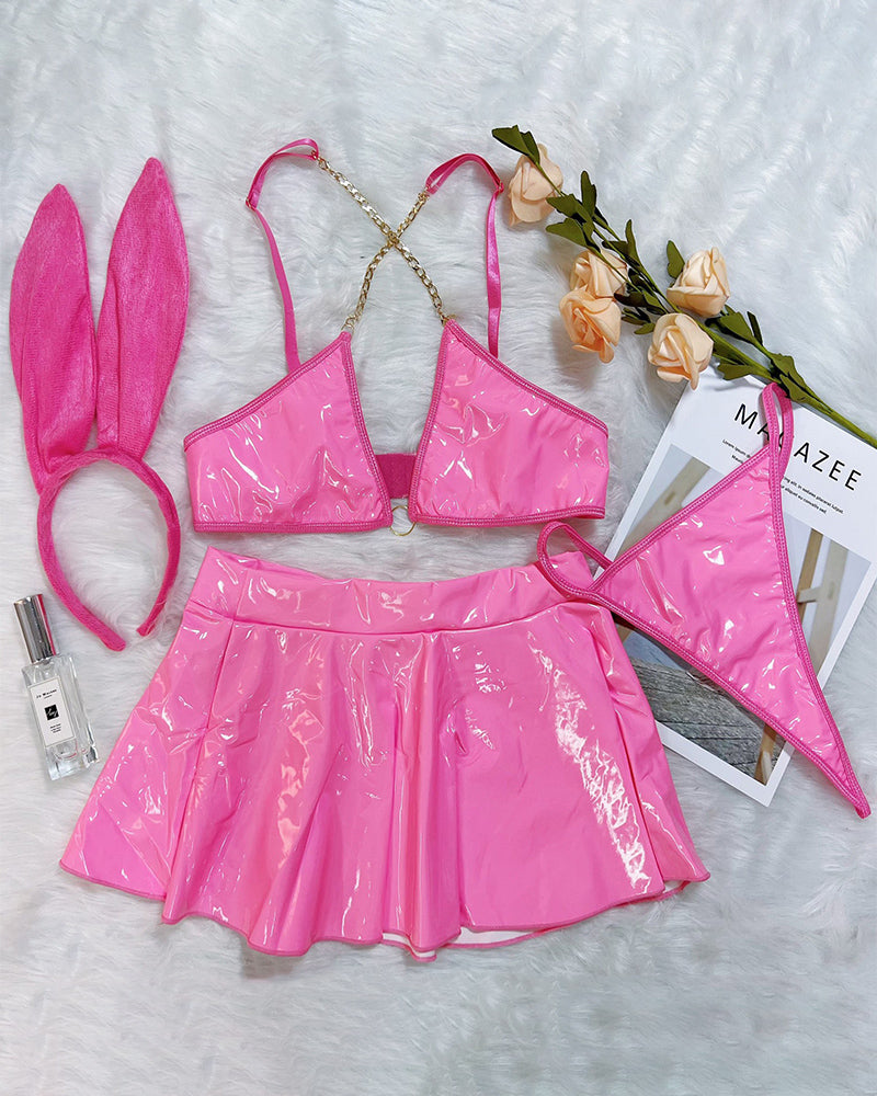 ⚡Flash Sale-PU Leather Chain Bra Skirt Set+Headband