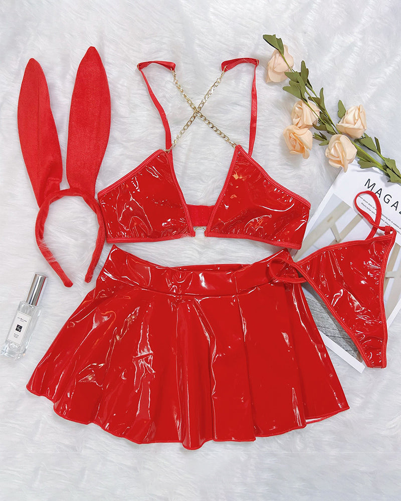 ⚡Flash Sale-PU Leather Chain Bra Skirt Set+Headband