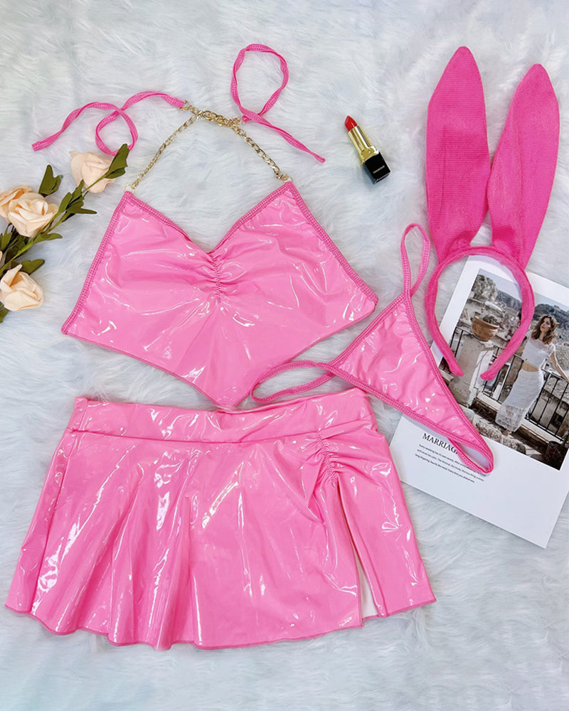 Heart Shape Halter Bra Skirt+Bunny Ear Headband