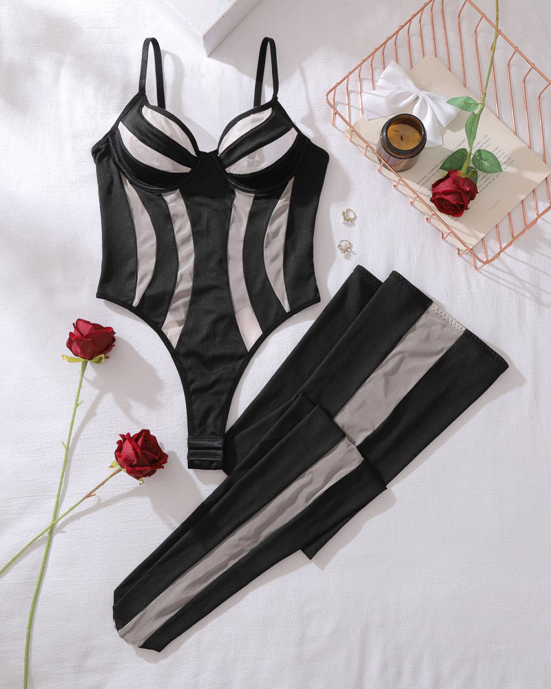 Striped Mesh Bodysuit with Stockings