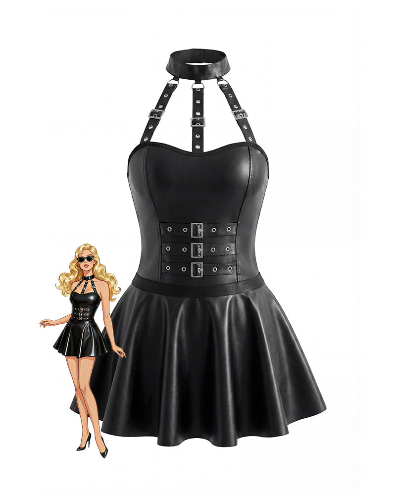 Leather Buckled Halter Bodysuit and Skirt 2-pcs Set