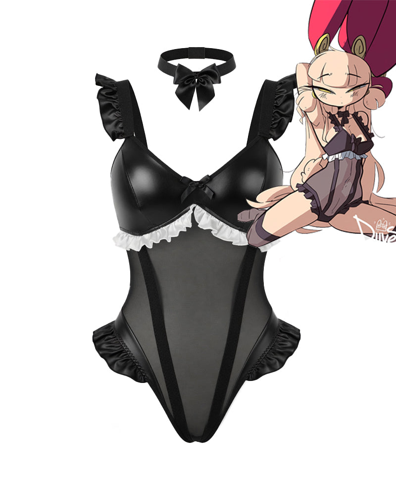 PU Leather Mesh Backless Bodysuit