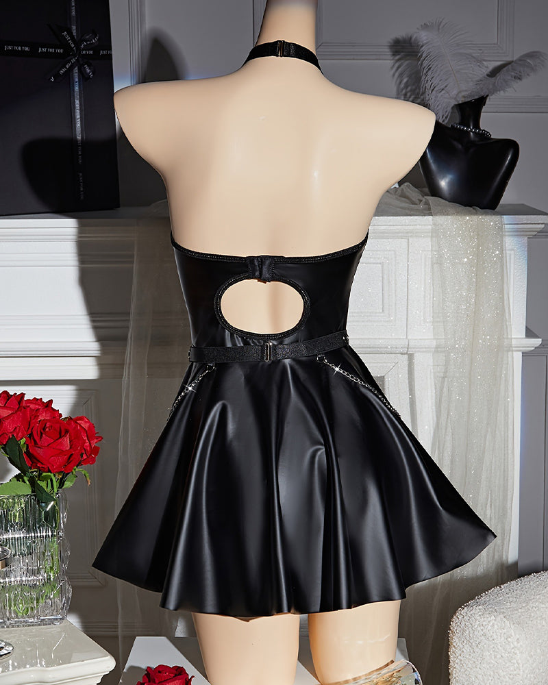 Leather Buckled Halter Skirt Dress Set