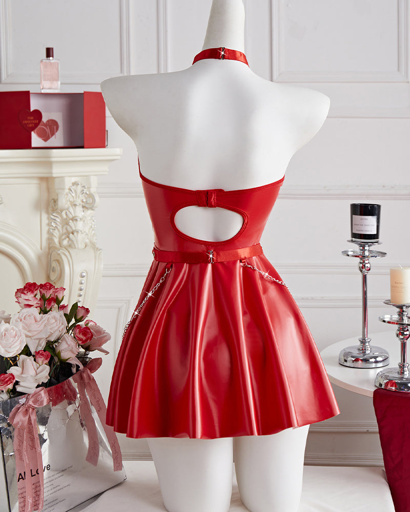 Leather Buckled Halter Skirt Dress Set