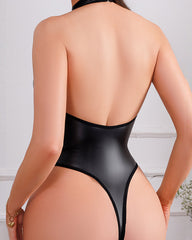 PU Leather Mesh Halter-neck Bodysuit