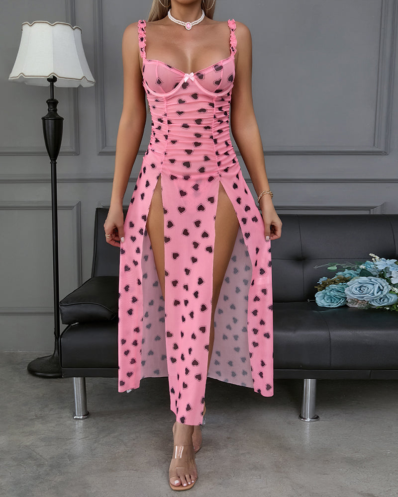 Pink Black Heart Long High Slit Nightgown