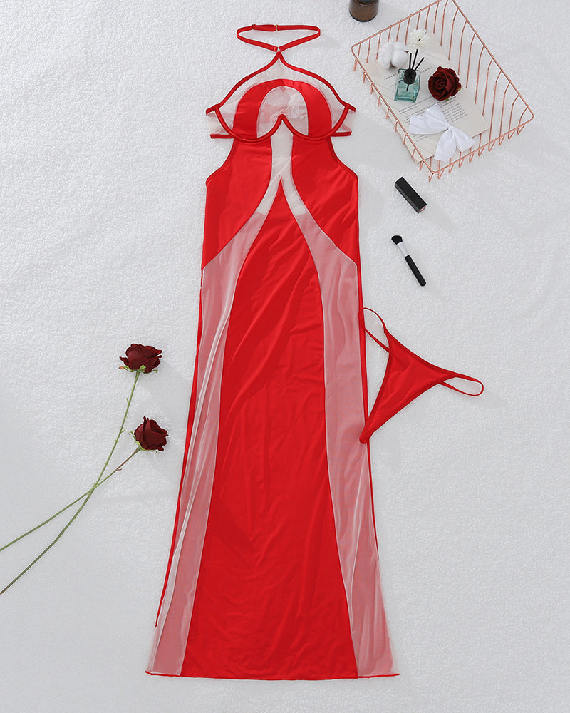 Stitching Mesh Heart Halter-neck Midi Dress