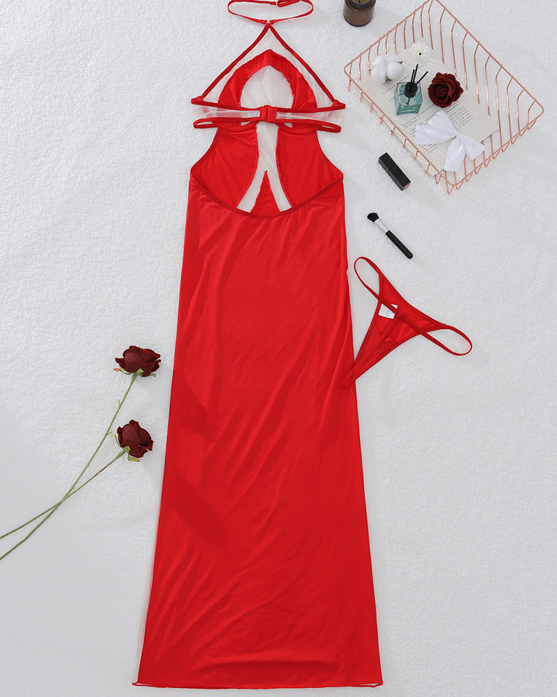 Stitching Mesh Heart Halter-neck Midi Dress