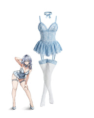 Floral Lace V-Neck Babydoll Dress with Garter & Fishnet Stockings