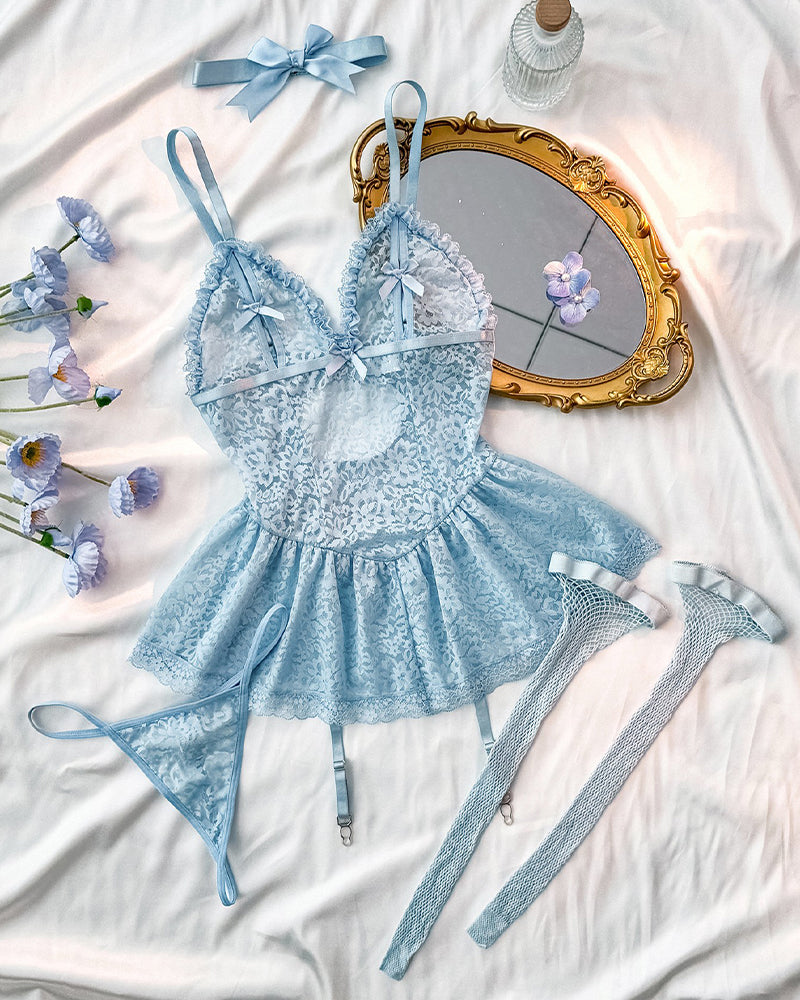 Floral Lace V-Neck Babydoll Dress with Garter & Fishnet Stockings