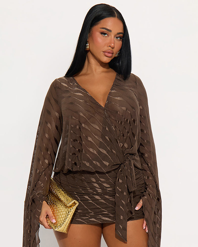 Wavy V Neck Backless Flared Mini Dress