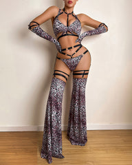 Leopard Harness & Flare Lingerie Set with Gloves