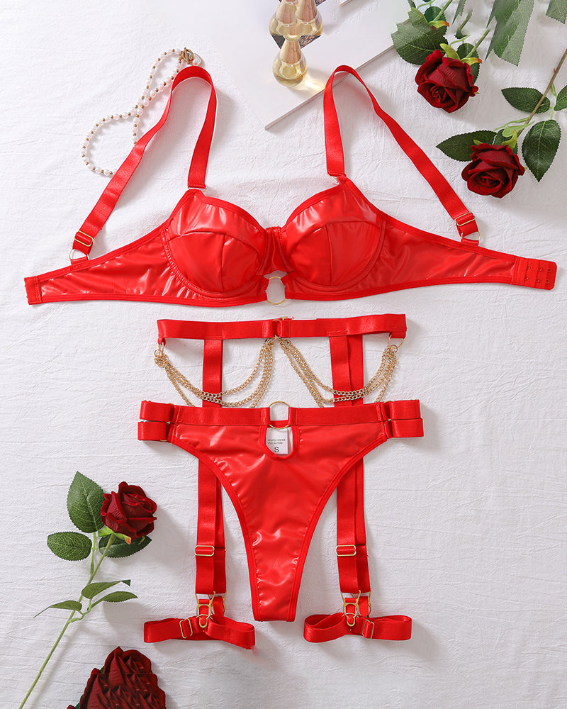 Red Leather Chain Harness Lingerie Set