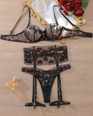 Red Heart Embroidered Lace Lingerie Set