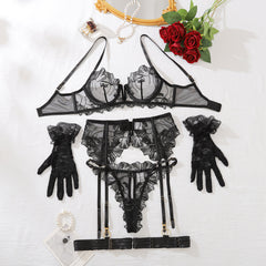 Sheer Floral Lace 5-Piece Gloves Lingerie Set