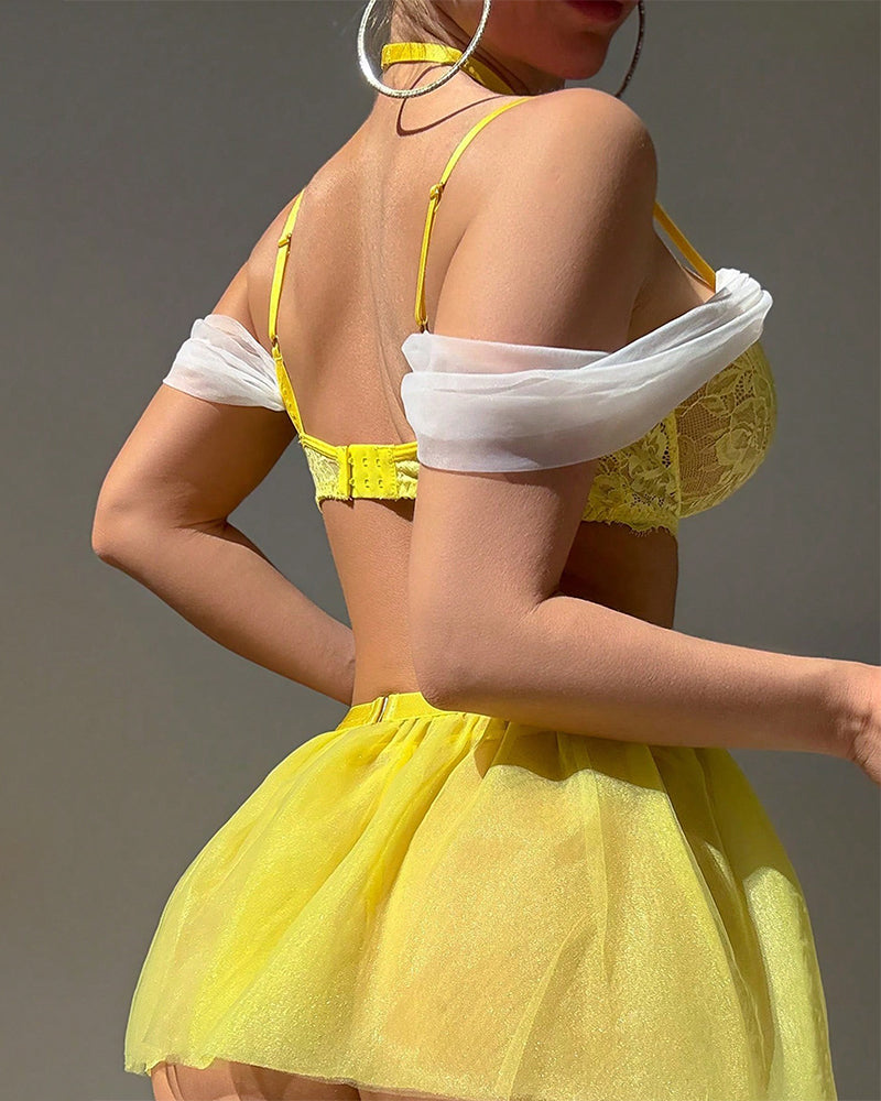 Tulle Off-Shoulder Sweet Lingerie Set