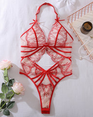 Red Romantic Heart Lace Halter Bodysuit