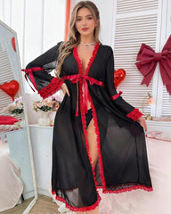 Sheer Mesh Long Robe with Red Lace Trim