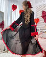 Sheer Mesh Long Robe with Red Lace Trim