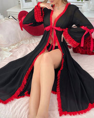Sheer Mesh Long Robe with Red Lace Trim
