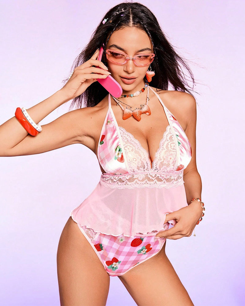 Halter Pajamas Set with Strawberry Print