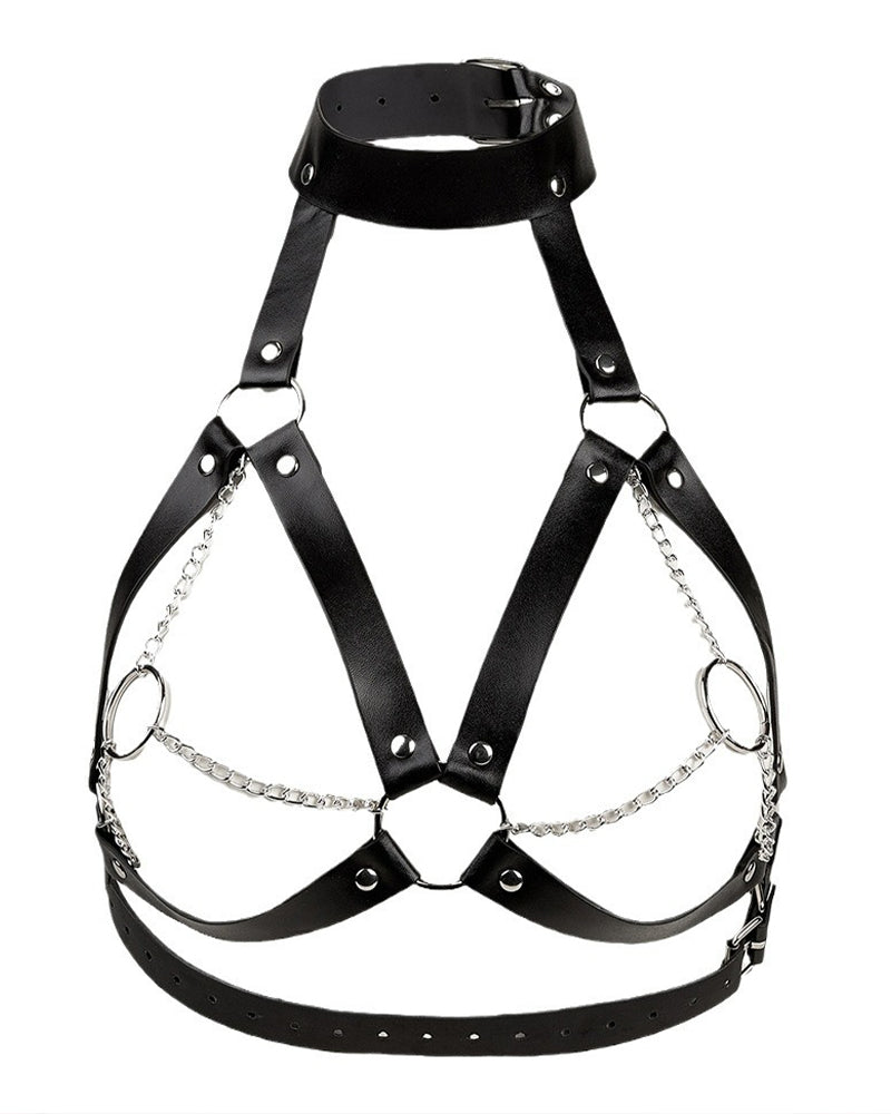 Leather Collar Chest Harness with Chains