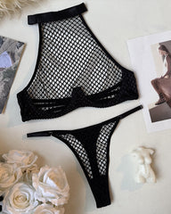 Fishnet Halter Sheer Mesh Bra & Thong Set