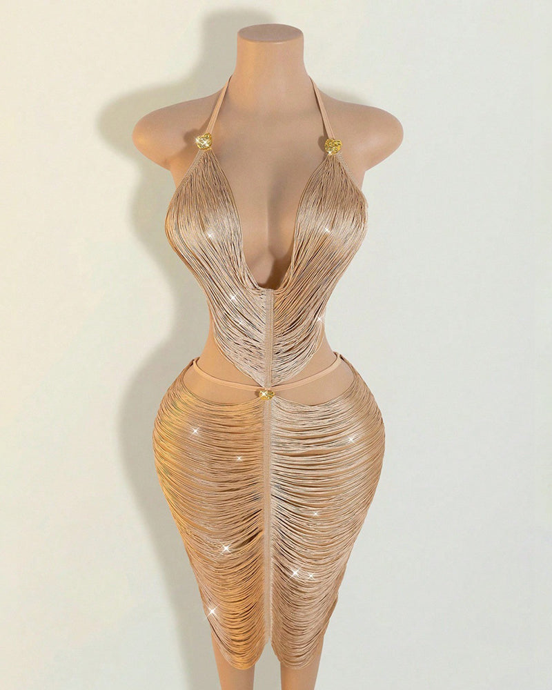 Fringe Halter Midi Dress Cut-Out Tassel Bodycon