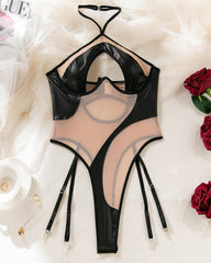 PU Leather & Sheer Mesh Halter Bodysuit