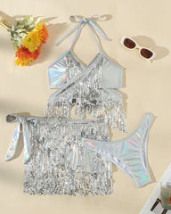Iridescent Sequin Fringe Halter Crop Top Skirt Set