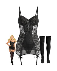 Sheer Lace Corset Chemises Matching Stockings 3-pcs Set