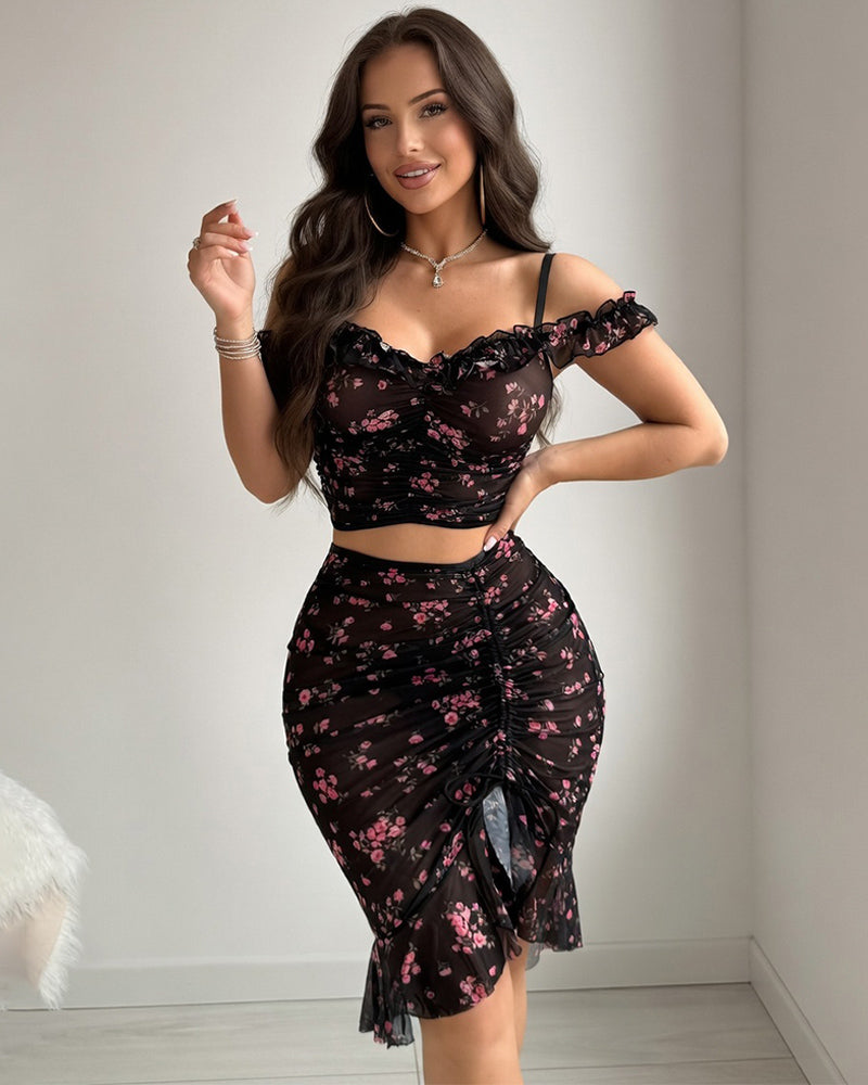 Floral Mesh Ruched Two-Piece Set